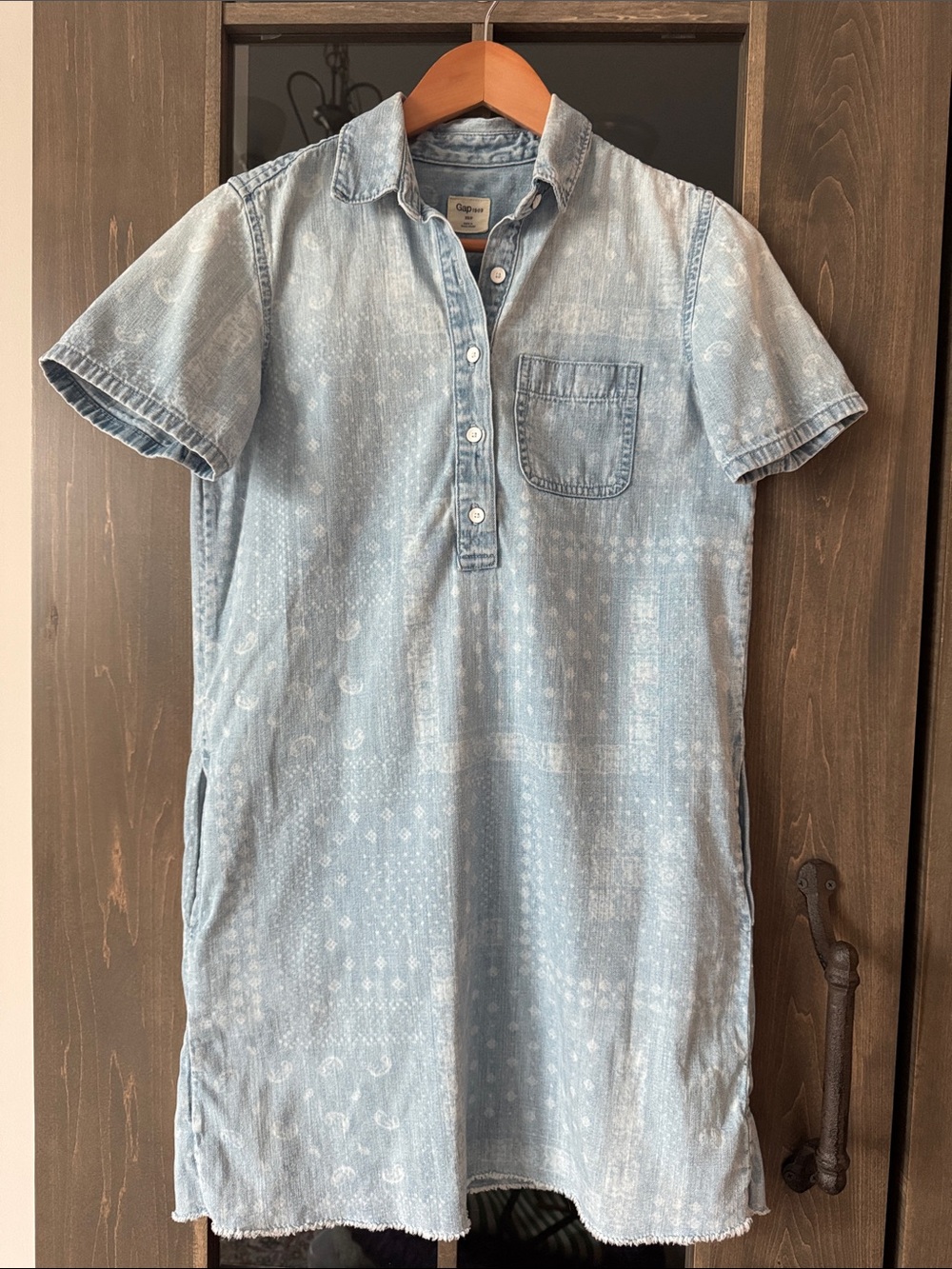 Gap Denim patterned Shirt Dress Button Front Short Sleeve Womens XS Petite